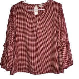 GOOD LUCK GEM Gingham Print Red/White Tiered Bell Sleeve Size L Top EUC